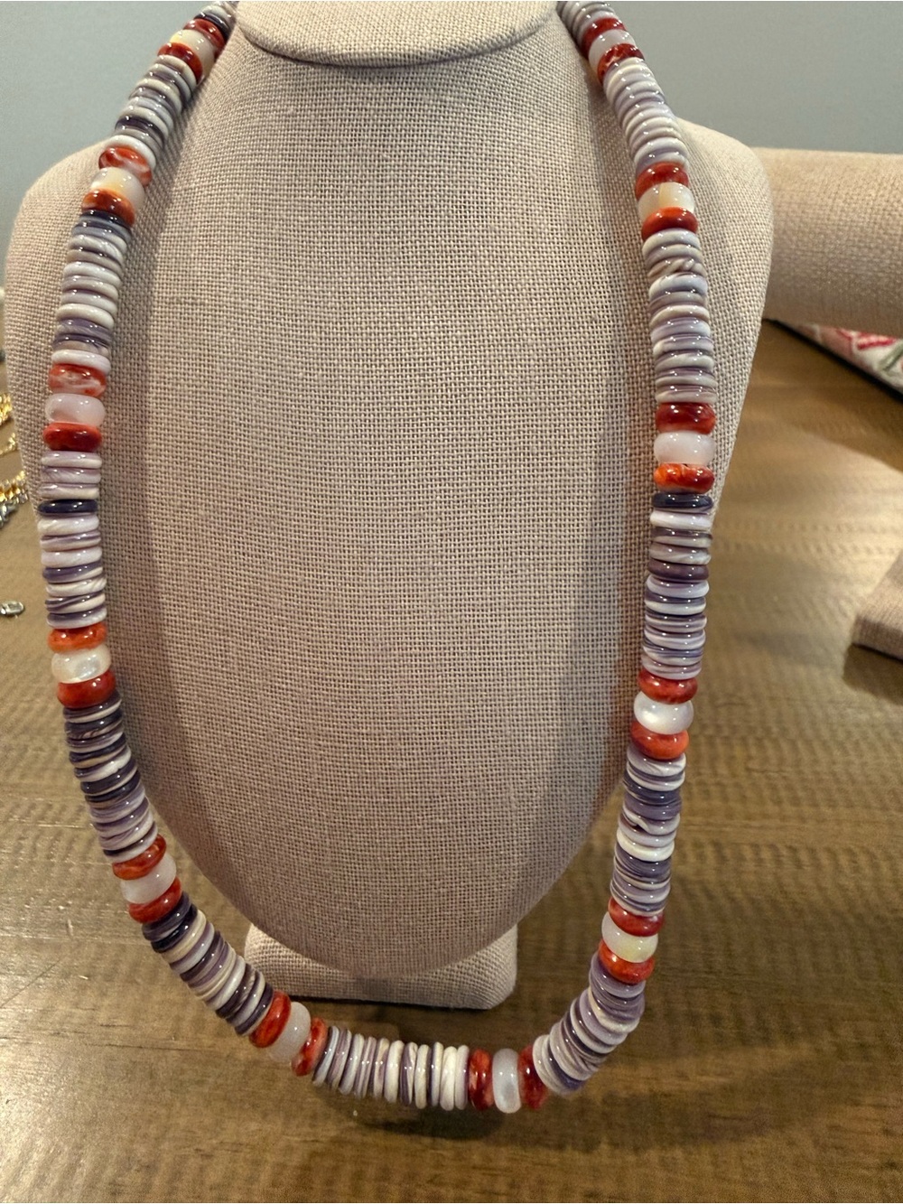 Native American strung- orange spiney, white shell & wampum shell